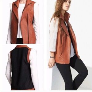 Mural Womens XS Brown Leather Vest Moto Asymmetrical Wool Chic Edgy Biker Zip Up